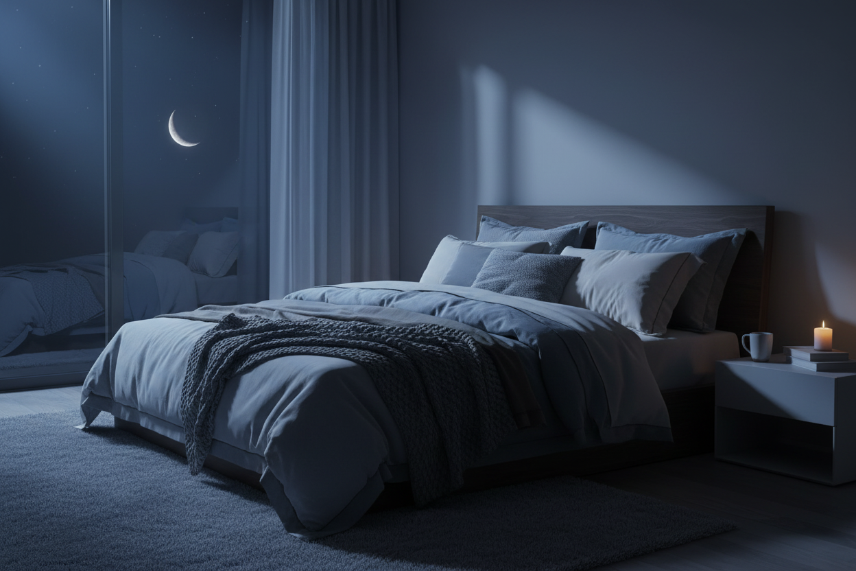Chambre apaisante la nuit avec lumière de lune bleutée et bougie allumée