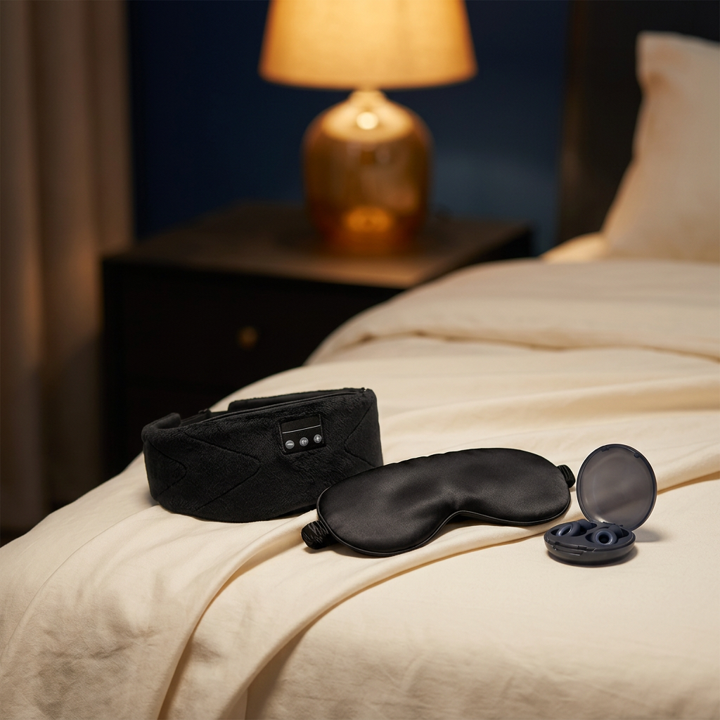 Le coffret Somnia posé sur un lit ouvert, lampe de chevet allumée en arrière-plan