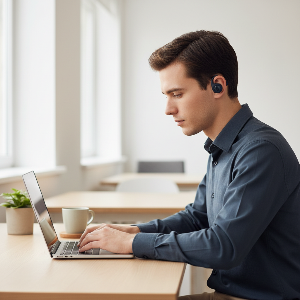 Homme concentré au travail sur son ordinateur portable, portant les écouteurs Somnia