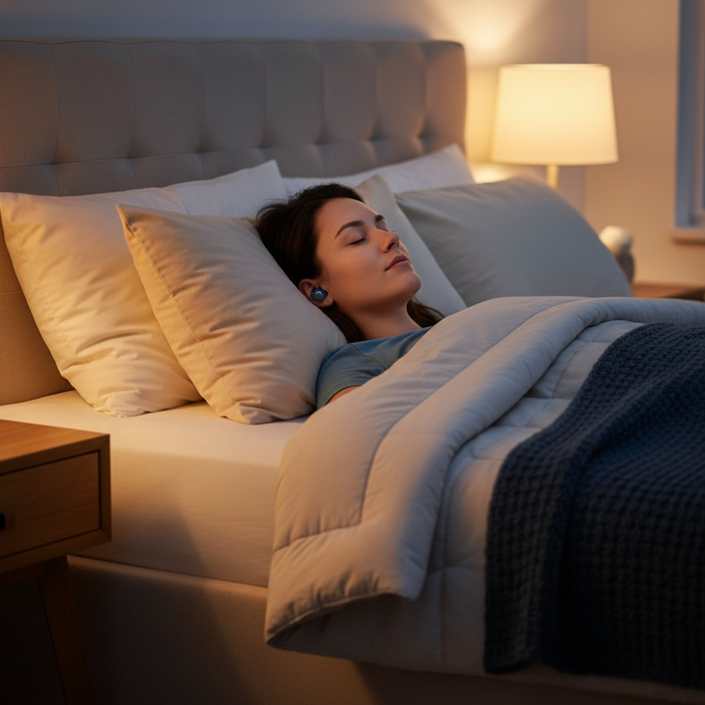 Femme détendue dans son lit le soir, portant les écouteurs Somnia, lumière chaleureuse