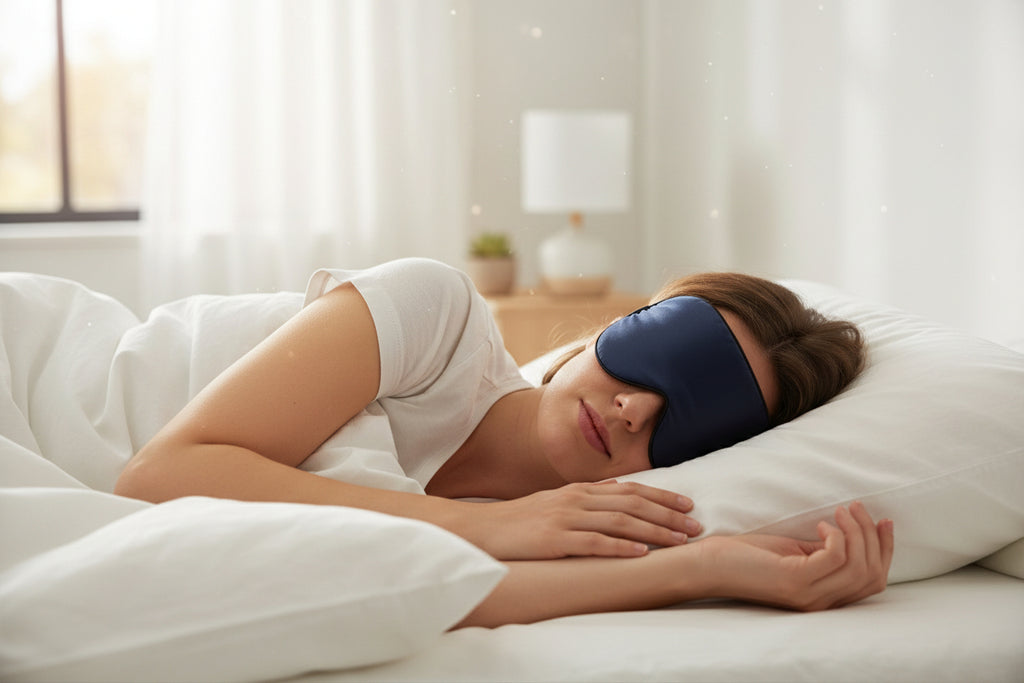Femme allongée dans son lit portant le masque de nuit en soie bleu marine Somnia, chambre lumineuse et cocooning