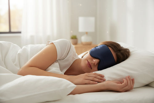 Femme allongée dans son lit portant le masque de nuit en soie bleu marine Somnia, chambre lumineuse et cocooning