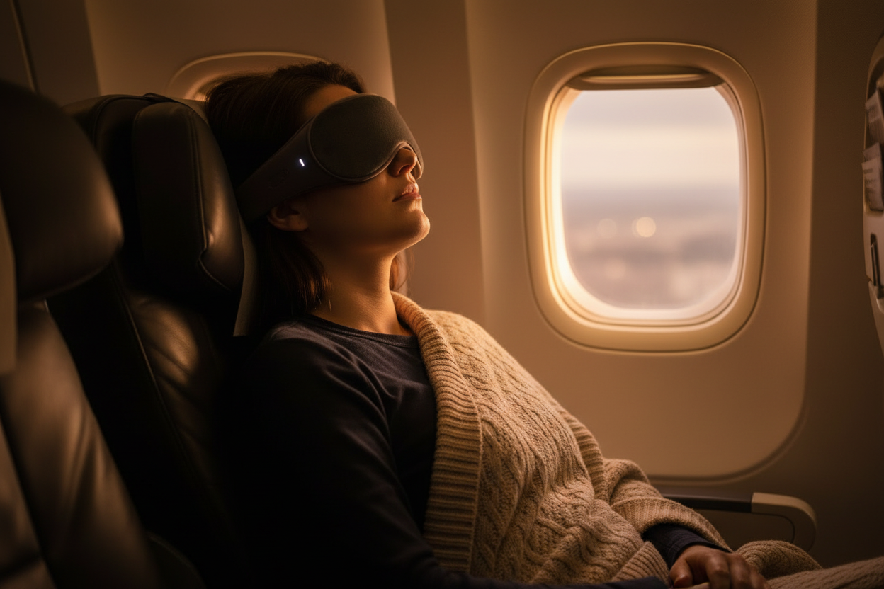 Femme détendue en avion portant le masque de sommeil Bluetooth Somnia près du hublot