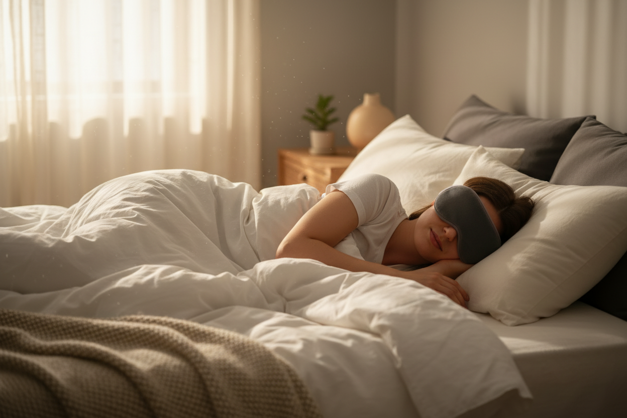 Femme allongée dans son lit portant le masque de sommeil Bluetooth Somnia, chambre lumineuse et cocooning