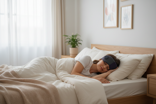 Femme allongée dans son lit portant le masque de sommeil Bluetooth Somnia, chambre lumineuse et cocooning