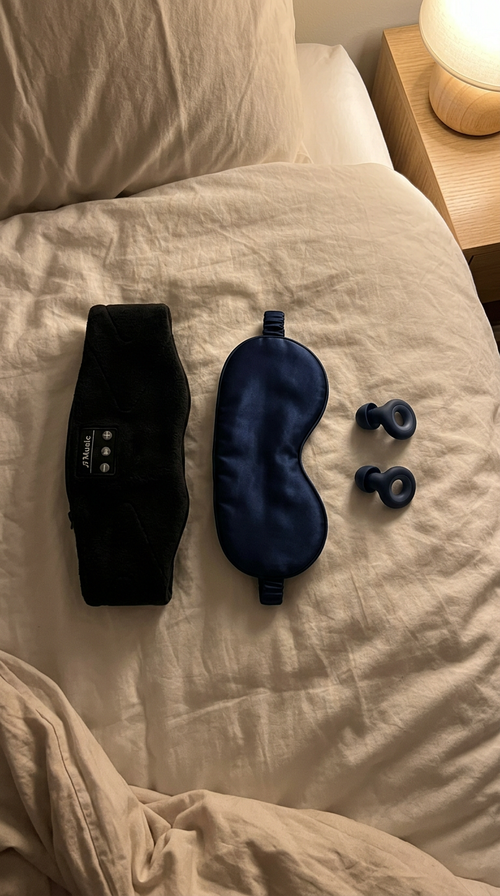 Les trois produits du coffret Somnia posés côte à côte sur une couette blanche : masque Bluetooth noir, masque en soie bleu marine et bouchons d'oreille